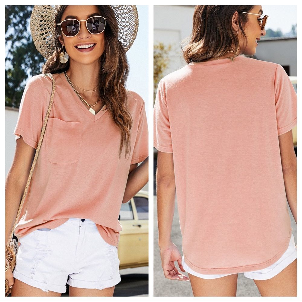 V-Neck Pocket Tee - Peach